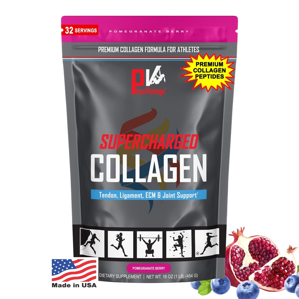 PhysiVantage超充电Collagen Peptides Powder - 联合、Tendon、支线、和皮肤健康支持的氢化Collagen - 石榴、Keto、Paleo、16oz → 与维生素C、BCAAs、草药增强