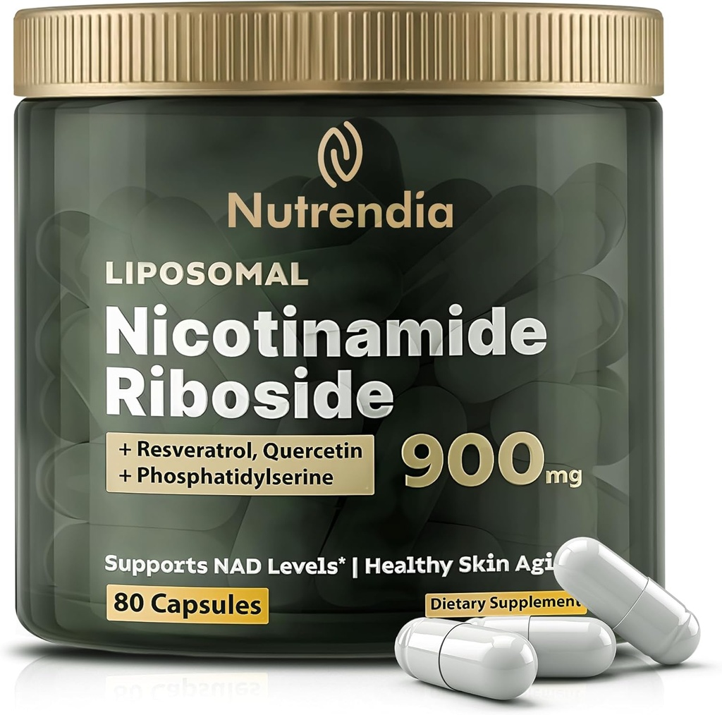 NAD+ Liposomal Nicotinamide Riboside 配有Resveratrol & Quercetin NAD+ – 抗衰老,增能,改善重点,细胞支持的Premium 补充 – 80 高纯度卡普尔-900mg