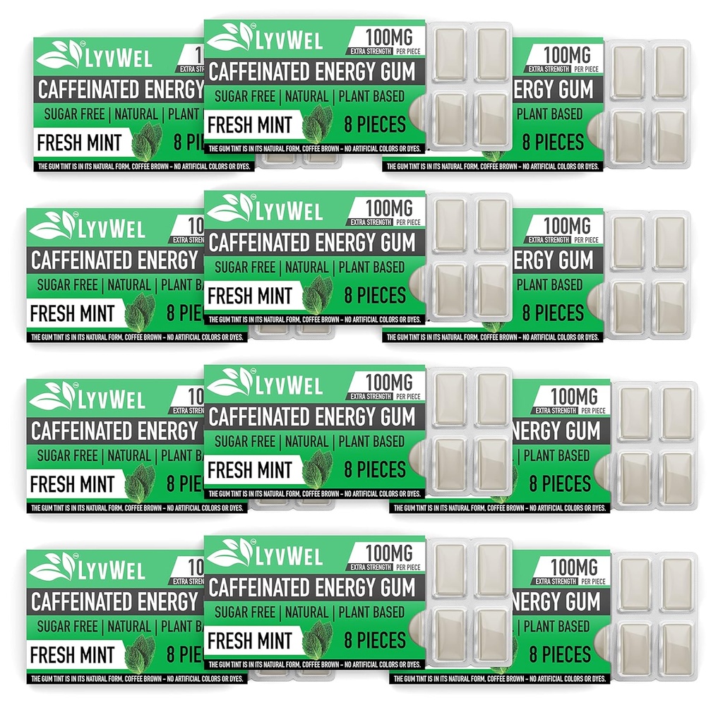 LyvWel Energy Gum – 每宝石100mg Cafeine – 所有天然的 – 无糖 – 工作前的脚步:你的必需能量补充剂 保持清醒 - 卡顿 12包(Mint - 12包)