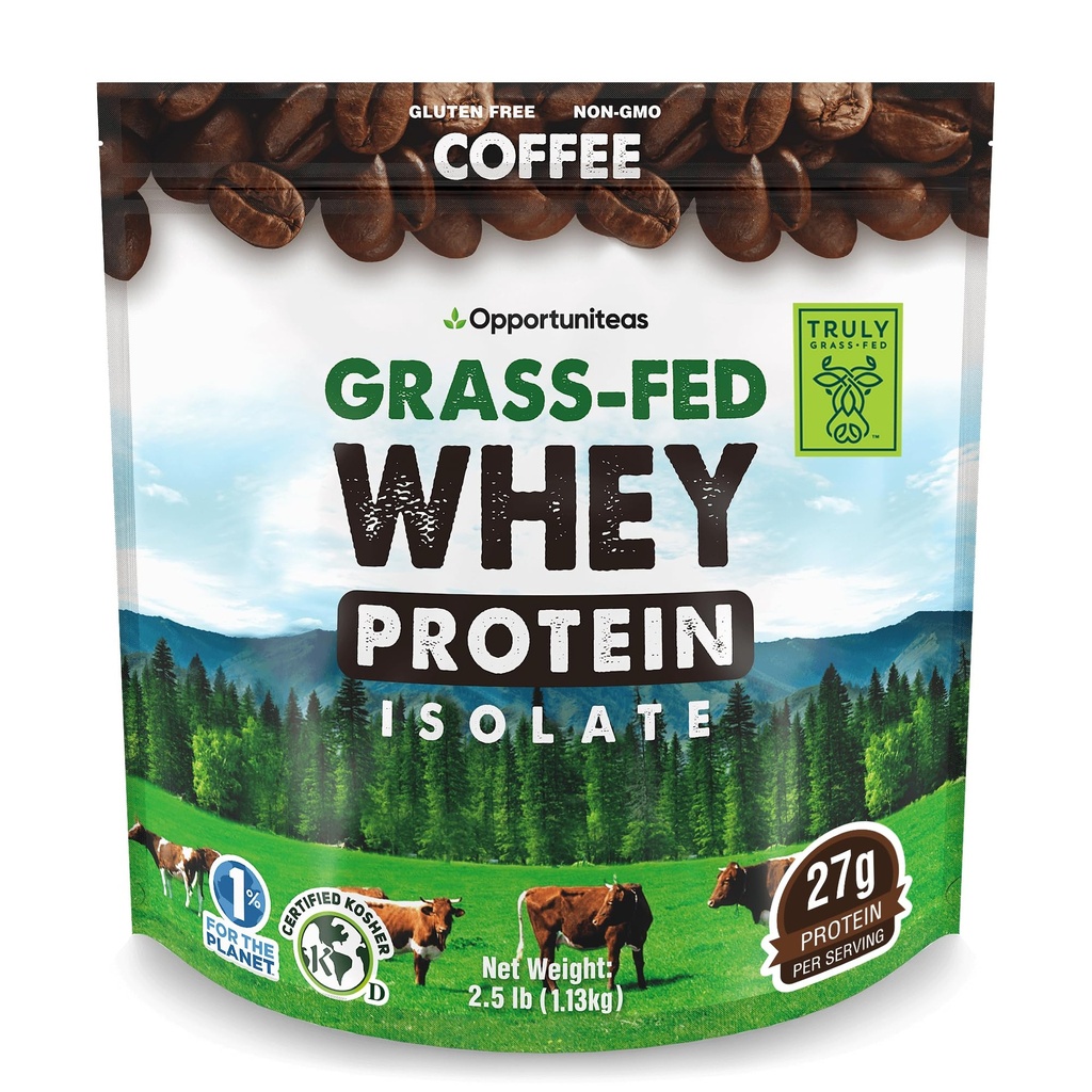 Opportuniteas Grass Fed Coffee Whey 蛋白质异质粉 - 27g 蛋白质粉 - 无人工甜化剂,Hormone-Free Cows,非转基因生物 - 2.5lb
