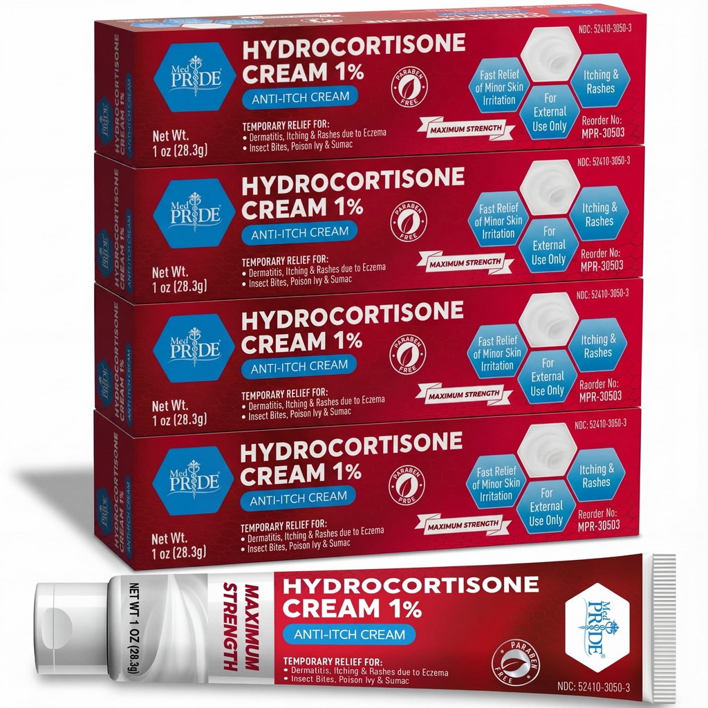 MED 荣耀氢丙酮(Hydrocortisone) Cream 1% OTC 散装包 4 X 1 OZ 抗痒膏 用于Rash, Eczema, Bug Bites
