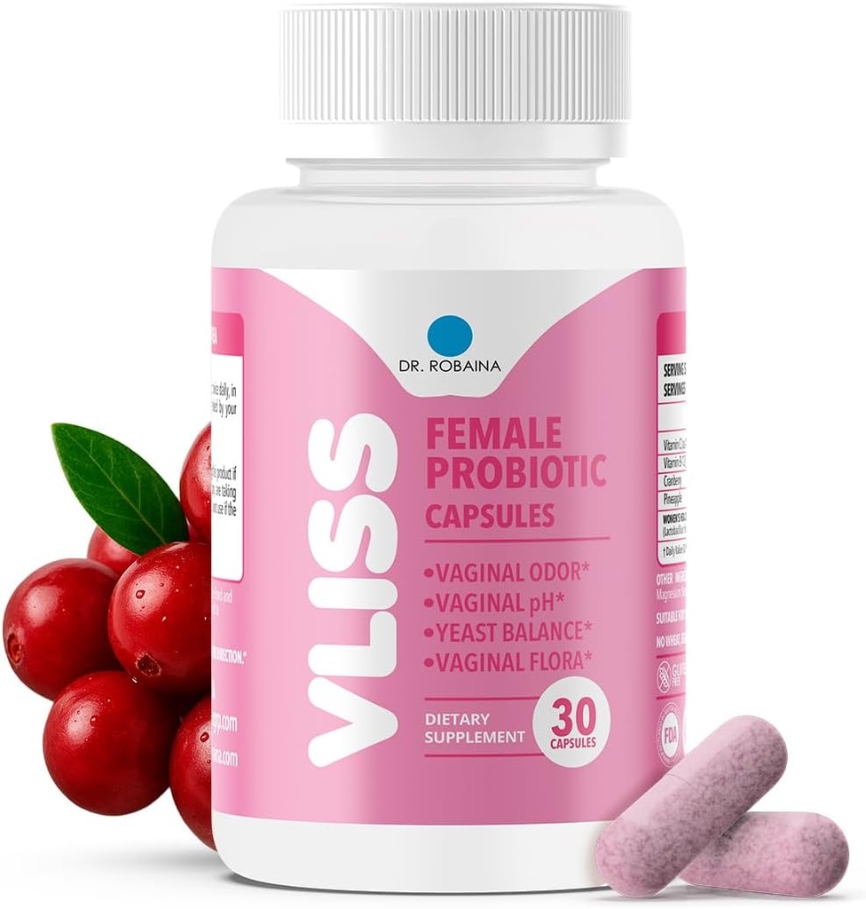 Robaina博士 妇女日报阴道避孕药+Cranberry & Pineapple, 5 B FU Lactobiculus (rhamnosus, reuteri, gasseri, crepatus), pH 平衡与食道控制,维生素C & B-12, 30 Vegan Capsules