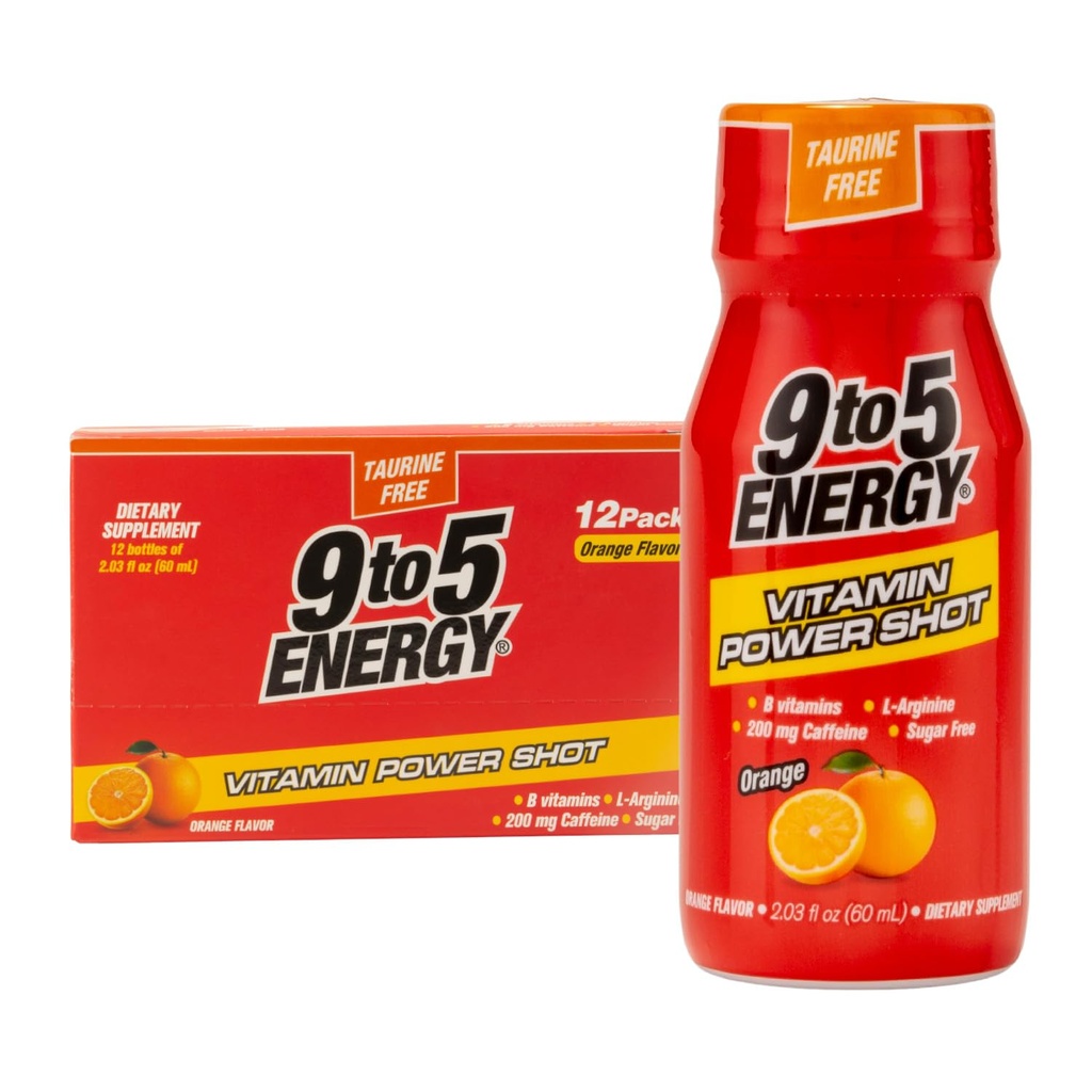 维生素动力射击 - 橙色Flavor, 陶林无糖, 无糖, 12 Pack (2.03 fl oz Each) - Boost Energy, Focus, and Vitality with B 维生素和L-Arginine