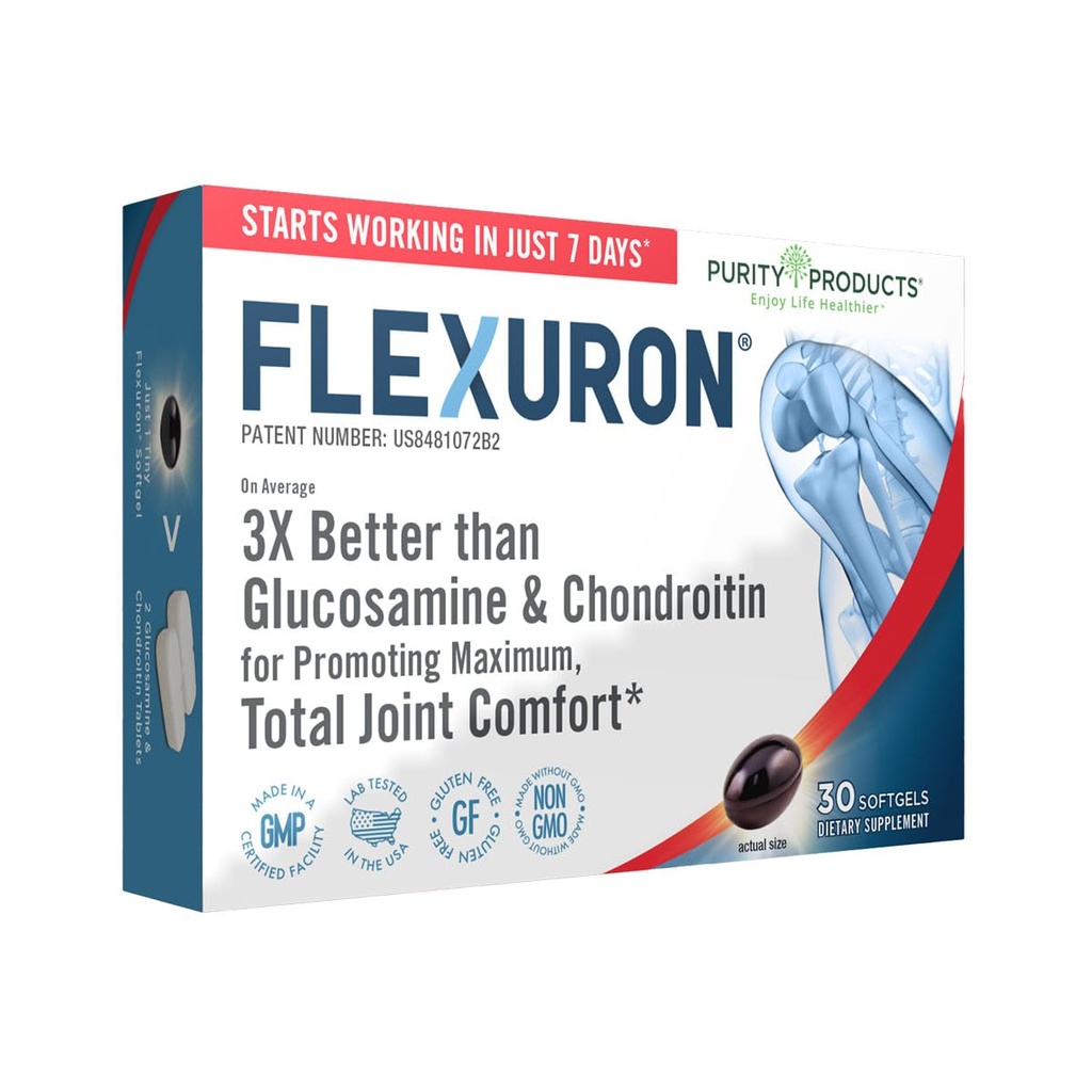 纯度产品Flexuron 联合公式3X 比Glucosamine和Chondroitin好 -- -- 7天之内开始工作 -- -- Krill Oil、低分子重量Hyaluronic酸、Astaxanthin -- -- 30个计算(1)