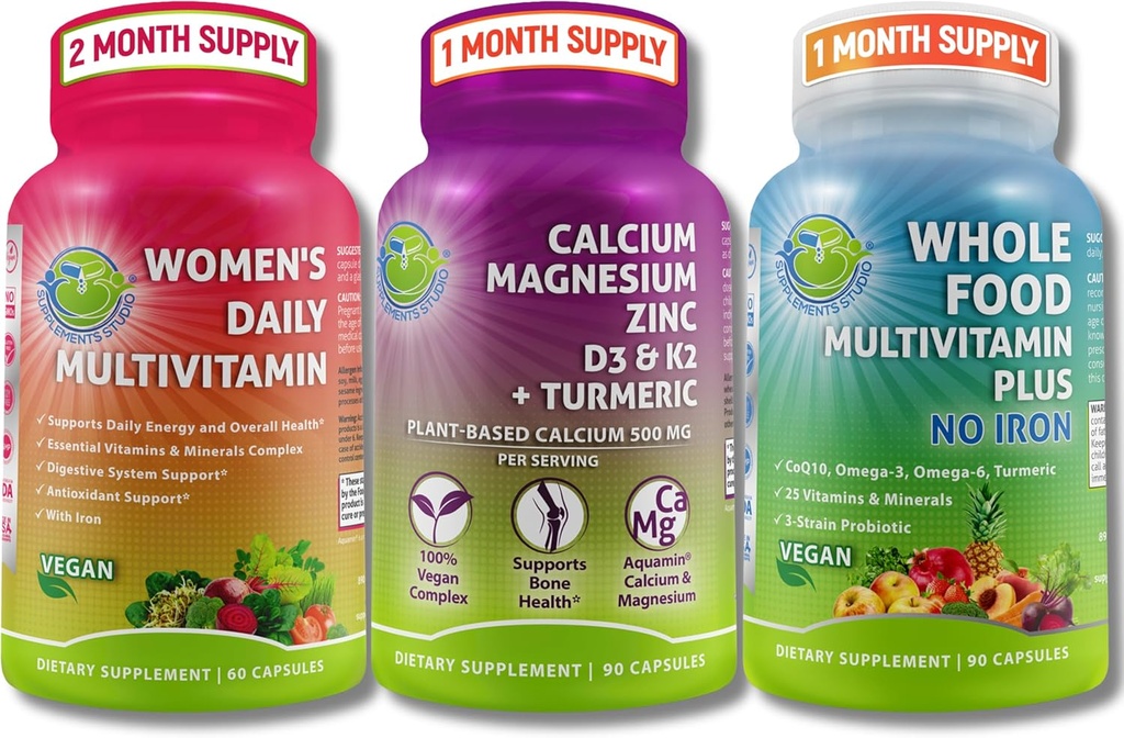 Vegan Multivitamins & Calcium Trio – 配有铁的全食品多维塔明 + 女性日报 多维塔明配有铁的 + 厂基钙,镁,锌,D3,K2 & Turmeric – 能源,骨和免疫支持