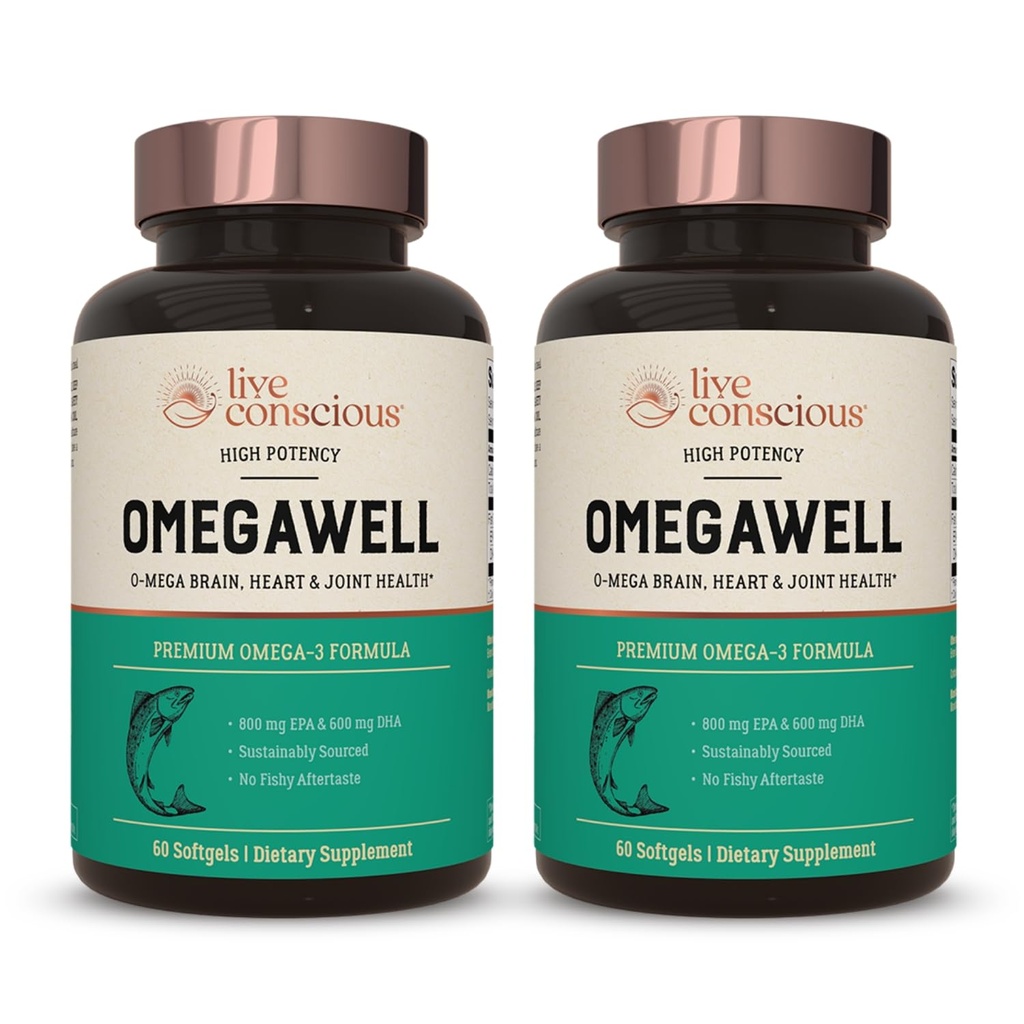 Live Agency Omegawell Fish Oil: Heart, Brain, and United Support QQ800 mg EPA 600 mg DHA - 肠内编织,可持续源头 - 容易吞下120个计数(2-Pack)