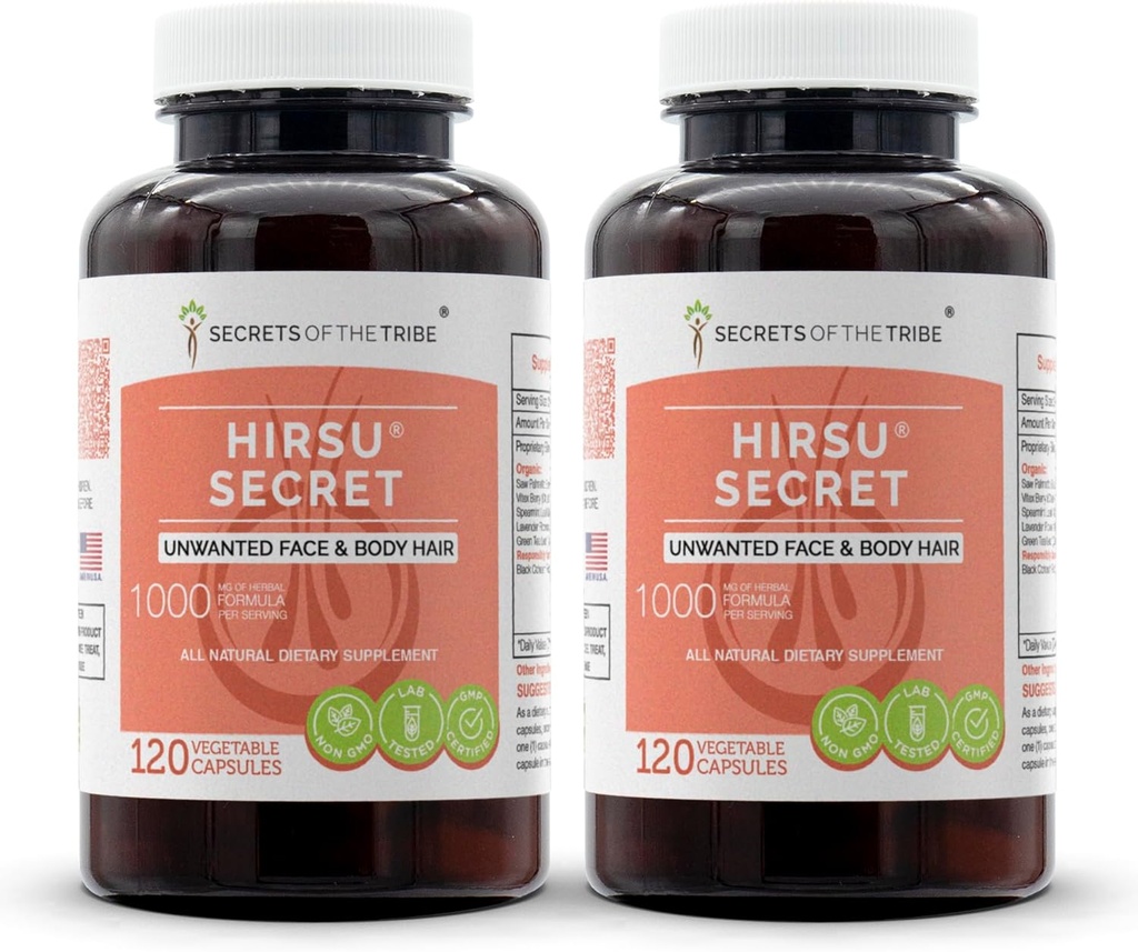 Hirsu Secret 120 capsules(2 pc.),1000 mg, Saw Palmetto, Black Cohosh, Vitex, Spearmint, Lavender, Green 茶. 不受欢迎的面部和身体头发(2x120盖)