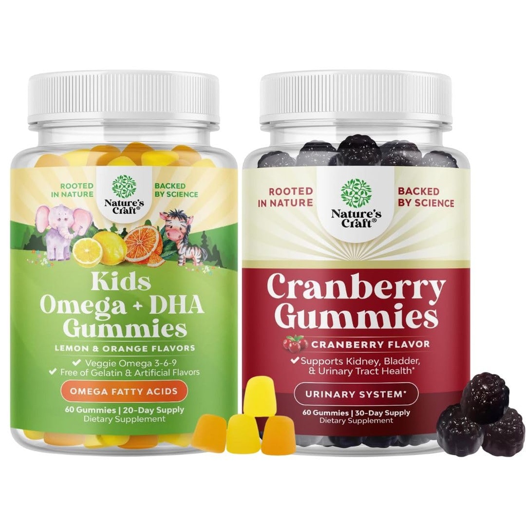 以植物为主的Omega 3 Gummys 供男女儿童使用和天然Cranberry Gummys-用于视觉豁免和重点支持-用于尿性Tract 健康肾支持刀具和豁免