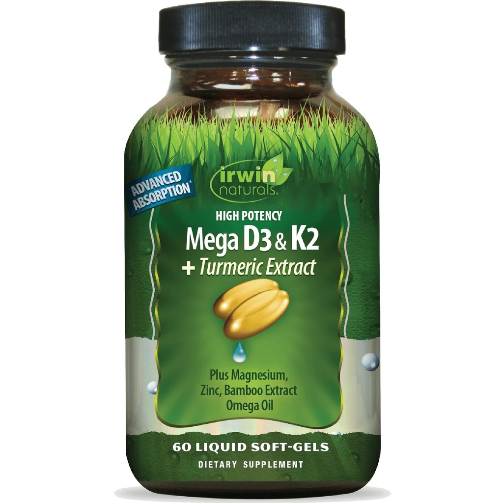 Irwin Naturals HighPotency Mega D3 & K2 + Turmeric 提取器 - 60 液态软胶 - 健康骨头和免疫功能