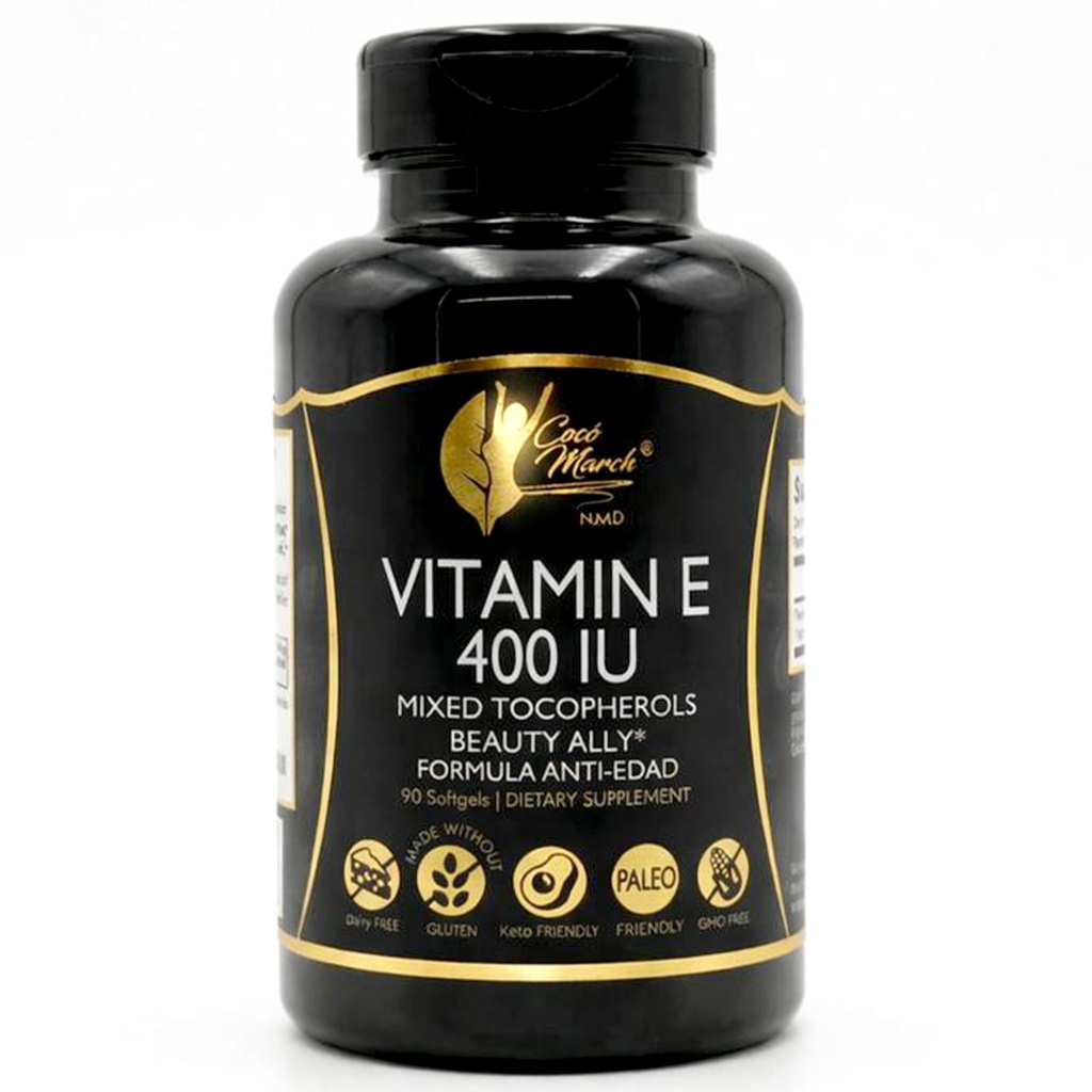 Cocó March N.M.D 天然维生素 E 400 IU-混音 Tocopherols, Beauty Ally, 3个月供应 - Gluten Free, Paleo Friendly, 奶制品 Free, Keto Friendly, GMO Free, 100 Softgels (英语).