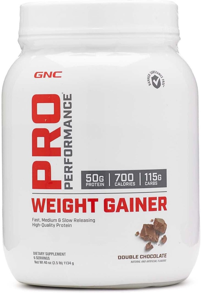 GNC Pro 性能增重者蛋白粉,50g蛋白,高卡路里,700卡路里,支持质量和肌肉恢复,MCT,BCAA,第3党测试,双巧克力,6种服务,2.5磅