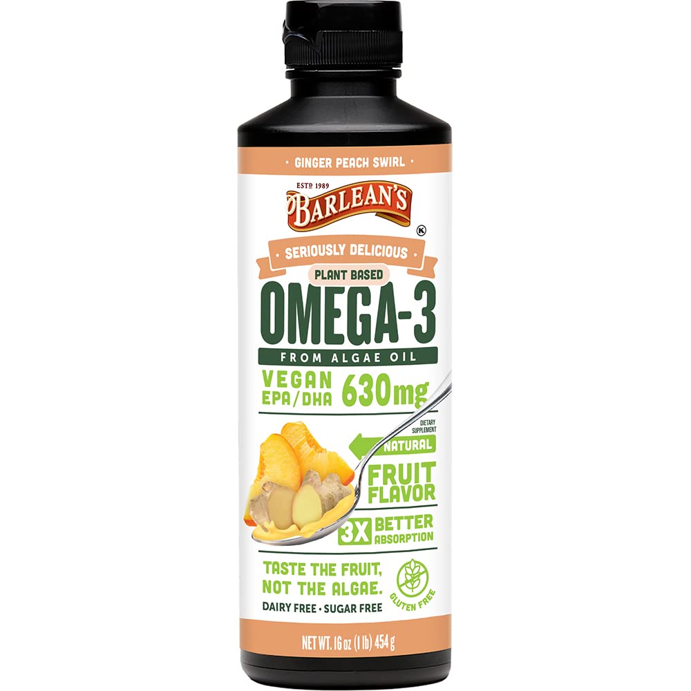 Barlean的姜汁桃子Vegan Omega 3 补充品,液藻油,含630 mg EPA & DHA, Algal Oil的植物基 Omegas, Non-GMO & Gluten Free, 16 oz