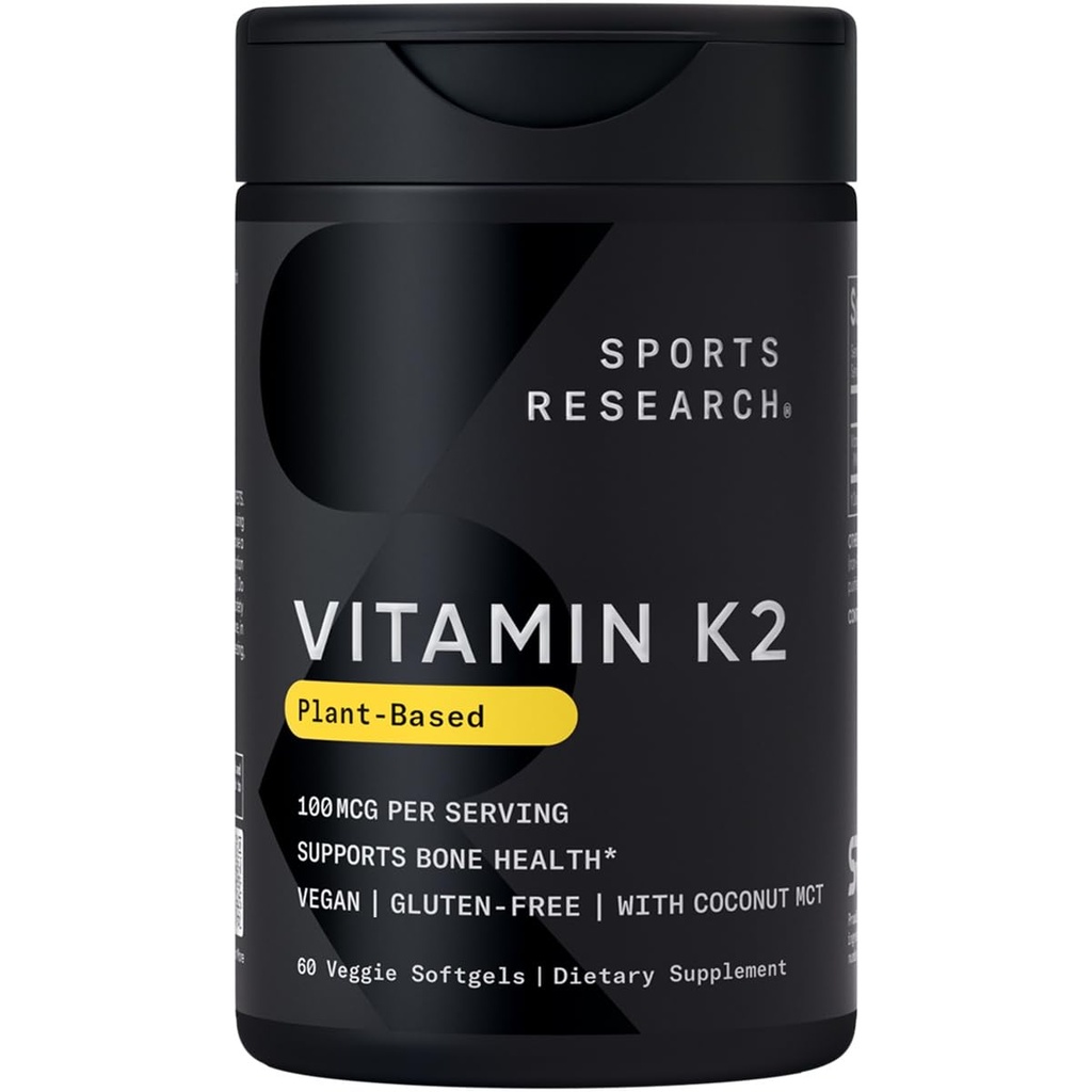 体育研究-维生素K2作为MK-7 100mcg与椰子MCT Oil-60 Veggie软胶(2个月供应) Vegan认证,非GMO认证,Gluten & Soy Free