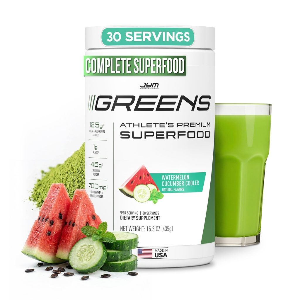 JYM Greens 超级食品粉用于性能,西瓜木瓜,螺旋藻,蘑菇,维生素,BrOCCOPhane & Broccoli, 男人和女人,30名服务员