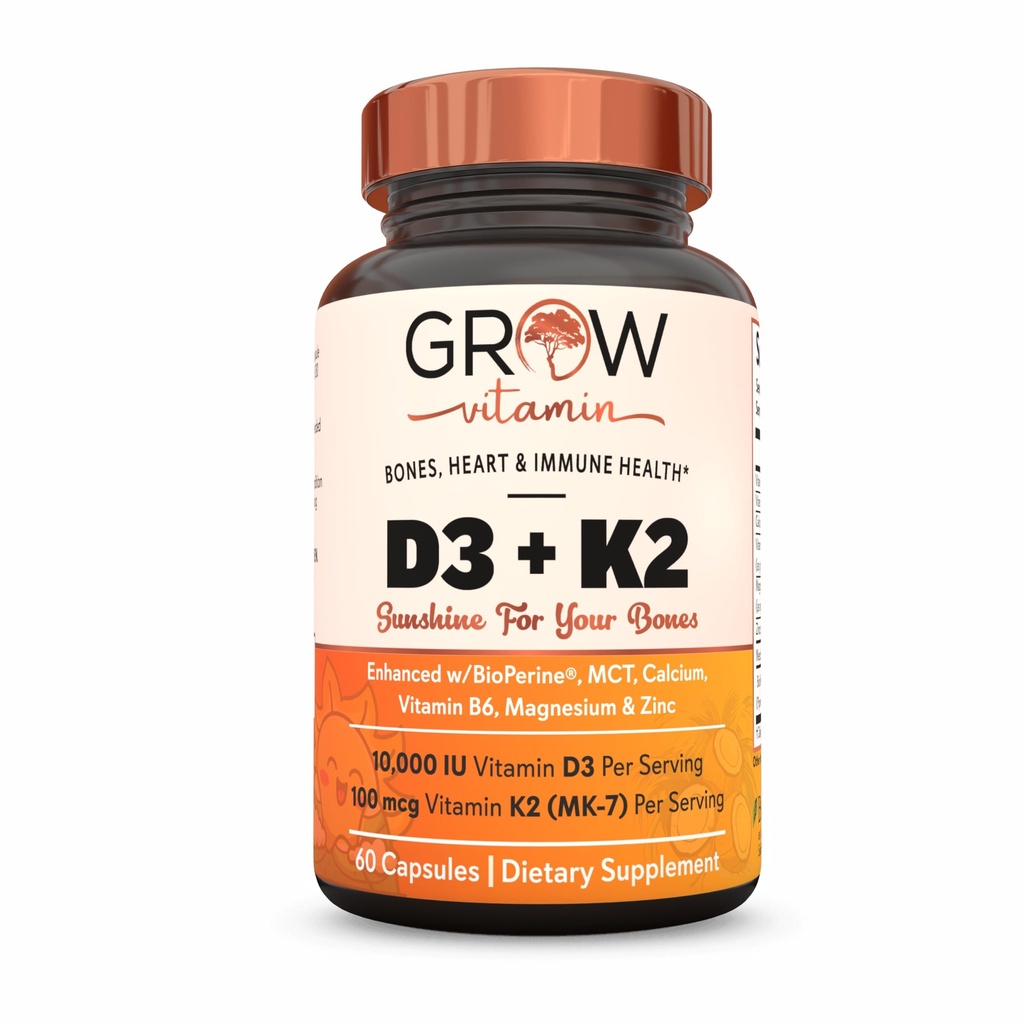 生长维生素D3 K2 w/MCT 石油 - 10,000 IU D3, 100 mcg K2 MK7, 钙、锌、生物硼、镁用于高级吸收 - 60 Capsules