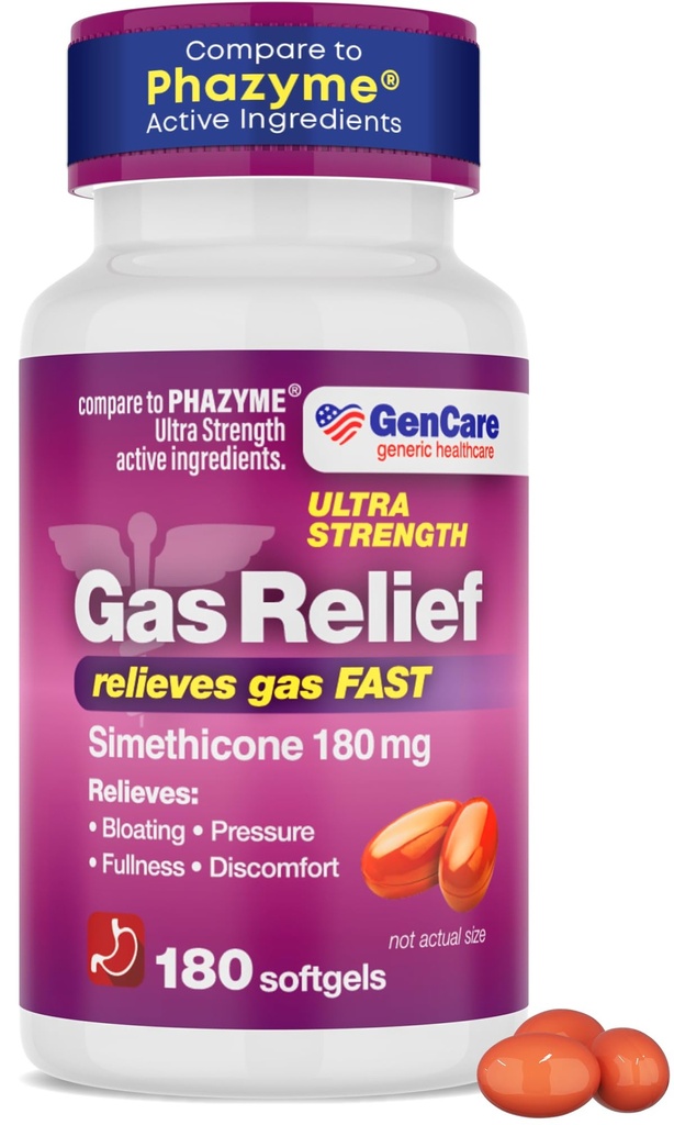 GenCare - 超强Simethicone Gas Relief 180 mg(180 Softgels) QQ 抗平滑,Bloating Aid,胃部不适和气体压力释放药 QQ 催化气体快速 QX 通用 Phazym