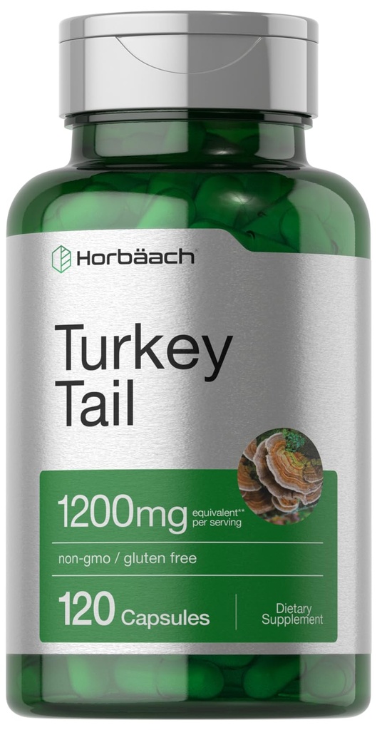 Horbäach Turkey Tail Mushroom Capsules | 1200mg | 120 Counter | Non-GMO 和 Gluten 自由提取器