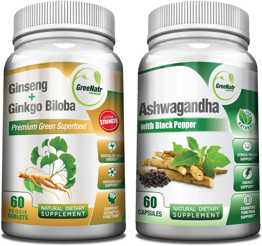 GreeNatr Premium Bundle for Hollistic Well-Being: Organical Ashwagandha Capsules, 配以黑辣椒用于缓解压力, Plus Ginseng + Ginkgo Biloba Tables, 一种传统能源促进器.