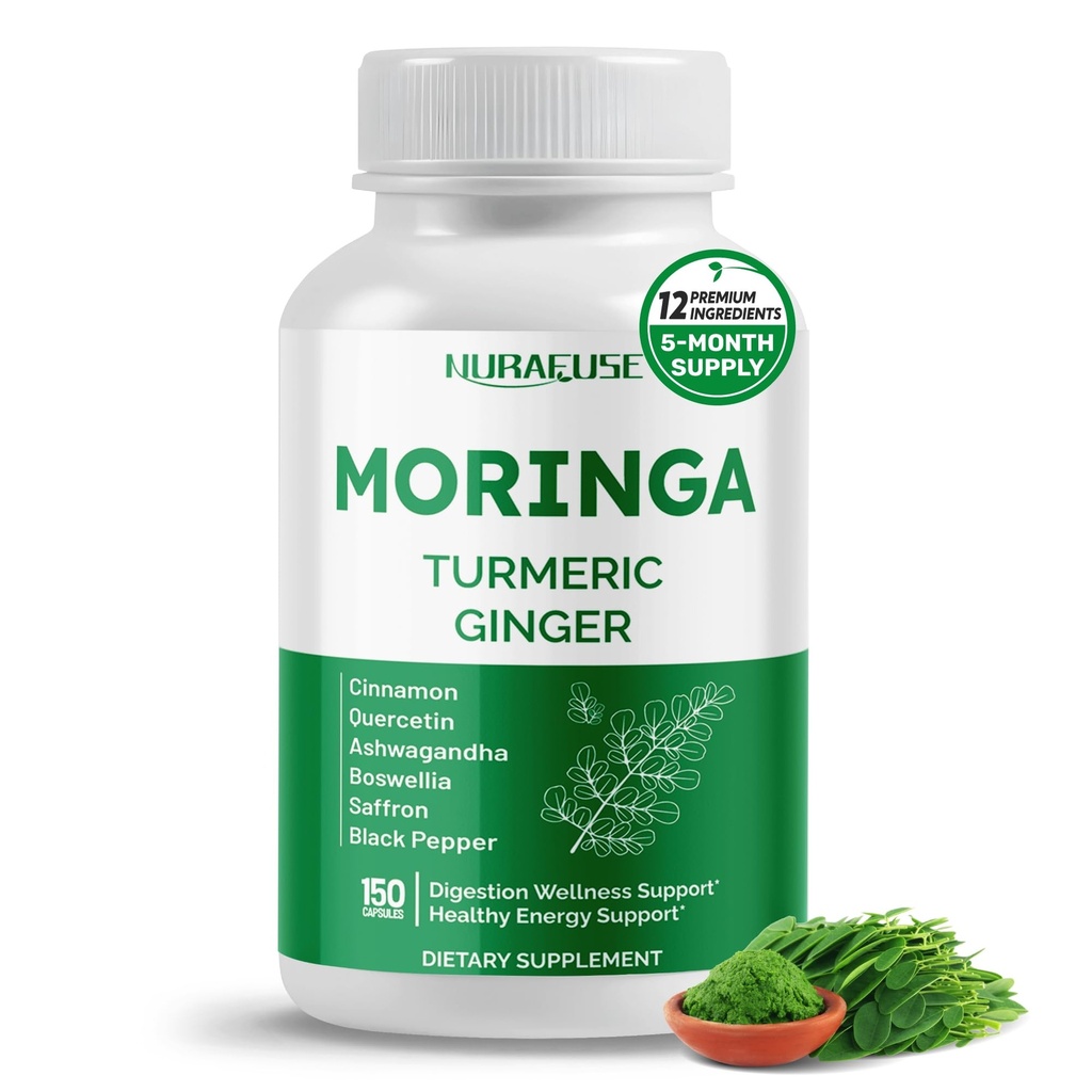 Moringa 12 in-1 配有 Turmeric Cinnamon Quercetin Ashwagandha Ginger Boswellia 内特尔·萨福伦 塔特樱桃大蒜 - 美国制造