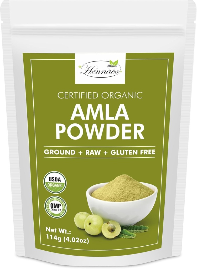 Hennaco 有机阿姆拉粉(Amla Powder) 用于烹饪,平滑的阿姆拉粉(Amla Powder) 和汁(Juices) → 耐用Zip Lock Pouch → USDA 有机 → 纯净和天然的印度鹅莓粉(ANDA) 114 Grams(4 OZ)