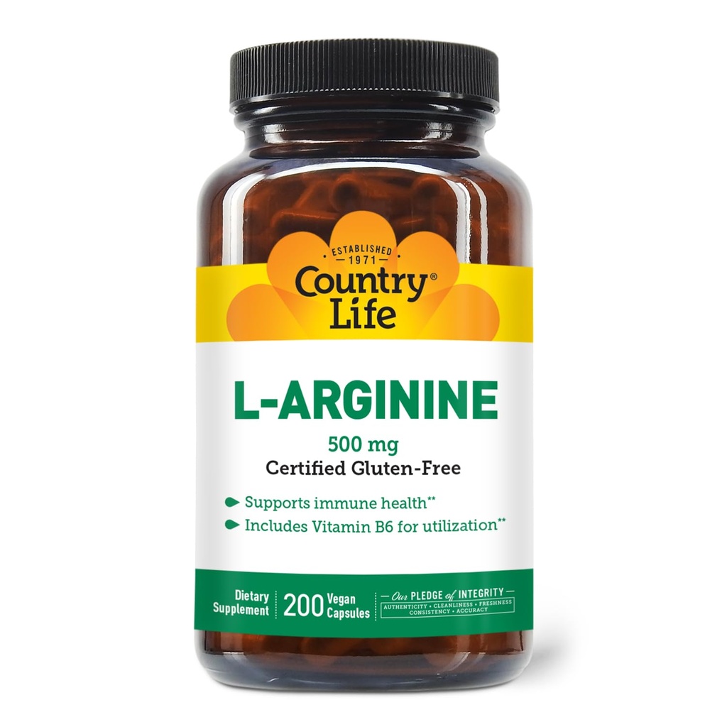 乡村生活 L-Arginine Caps 配有维生素B-6,500mg,200 Vegan Capsules, 认证格吕滕自由,认证格冈