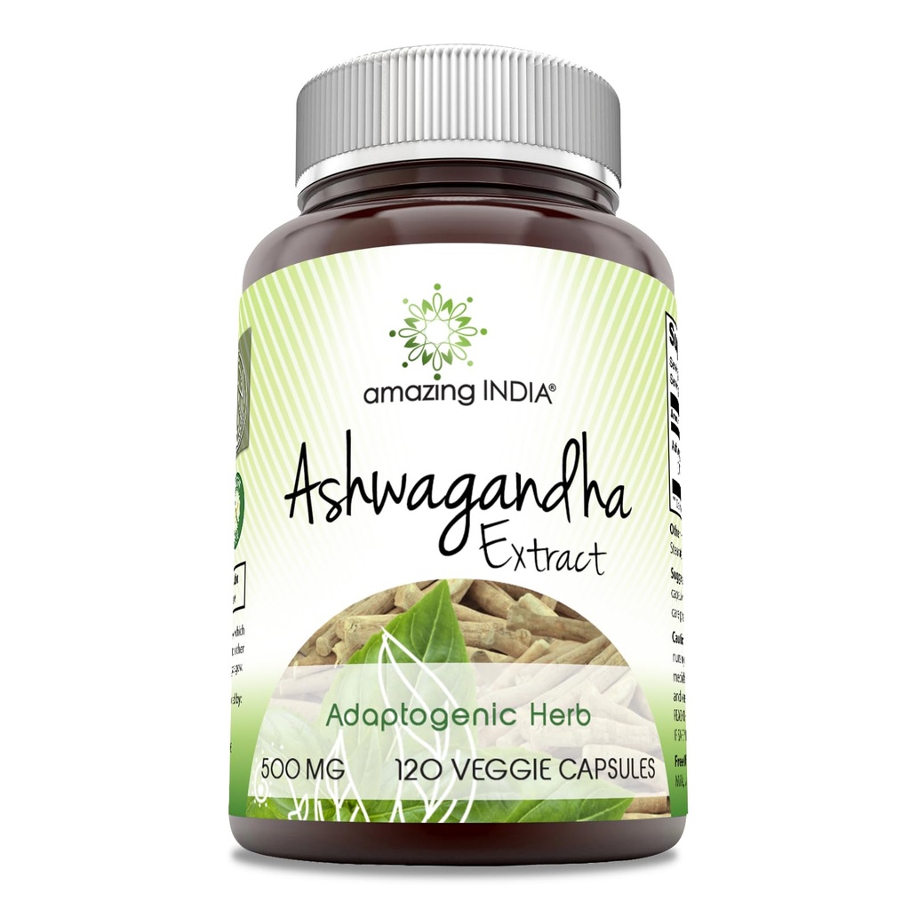 Ashwagandha 500 mg Veggie Capsules Supplement – 用天然的 Ashwagandha → Non-GMO → Gluten Free (120个计数)制成。
