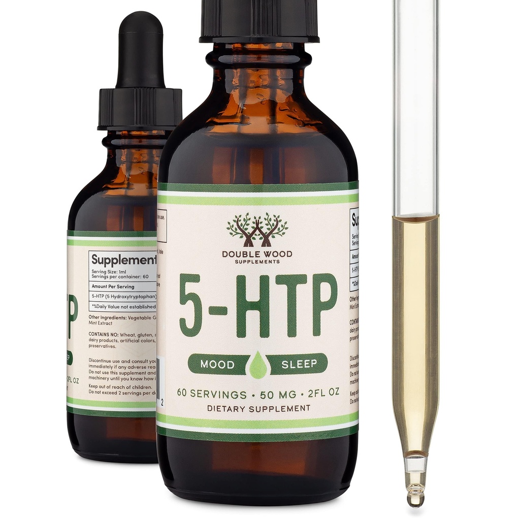 5HTP液滴 - 比5HTP卡普尔(60架50mg 99%+ 5-HTP)更可吸收和有效,用于摩德,睡眠,和双木放松的血清素补充剂.