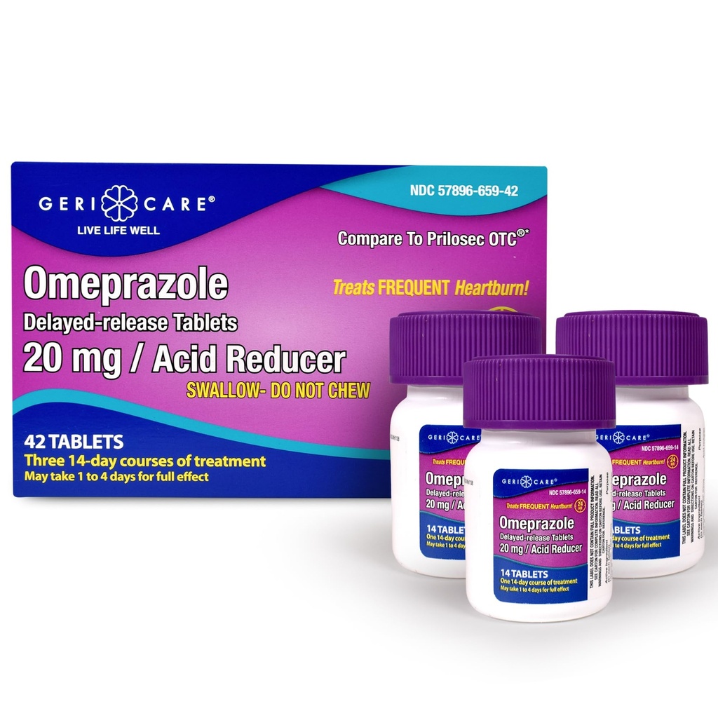 GeriCare Omeprazole 延缓释放药片 20mg 胃酸减量药片 24小时心烧减量药片-酸退药片 治疗频繁心烧减量药片(42个计数)