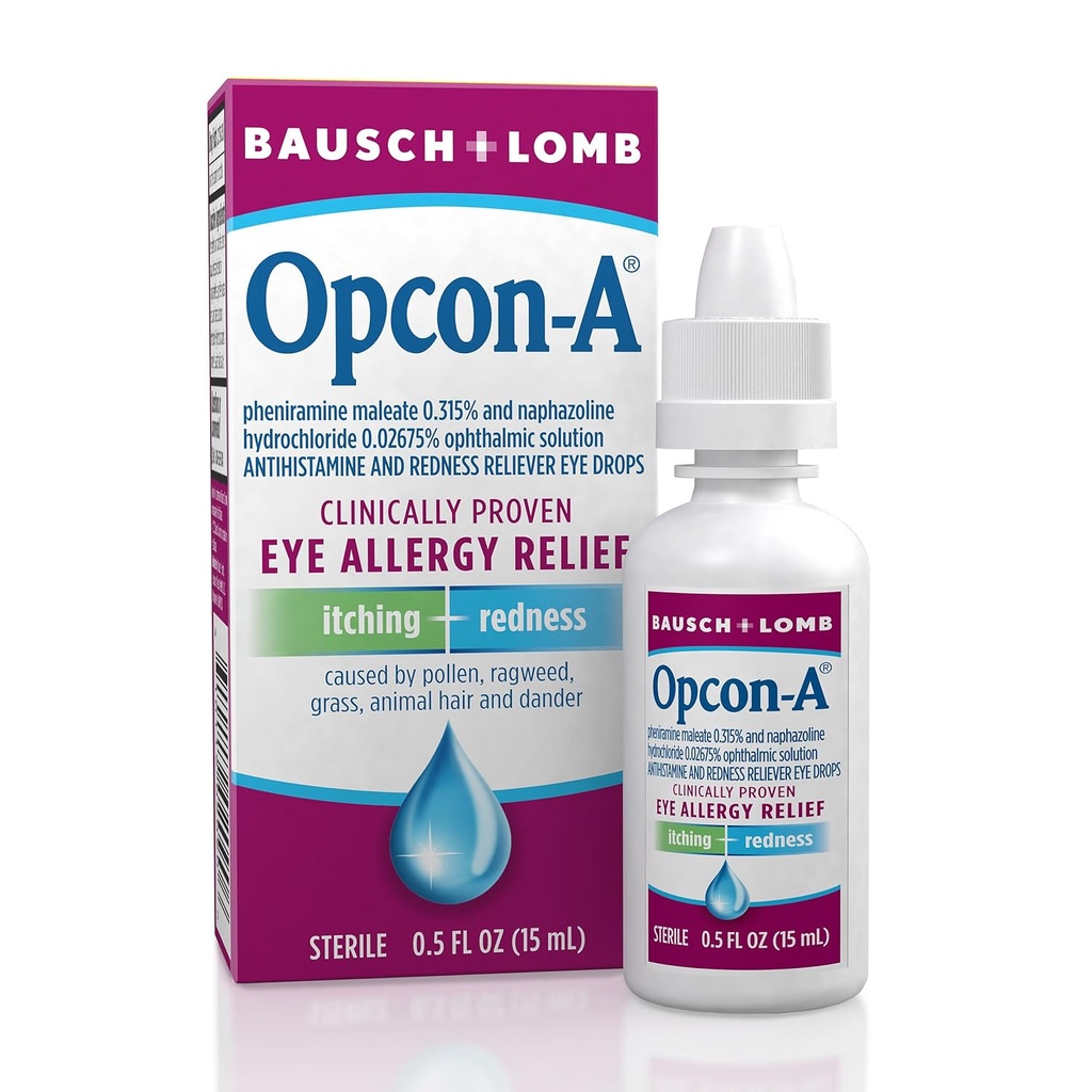 Bausch + Lomb的Opcon-A过敏眼滴,用于减轻痒和红,红和痒眼安非他明眼滴,临床证明治疗,0.5 Fl Oz