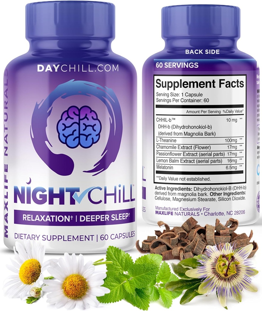 夜冷睡眠补充 – 60 Capsules – Magnolia Bark 和 L-Thenine 的 DHH-B 的安眠支持 – 压力 冷静 泥浆支持 – MaxLife Naturals为成年人提供的安眠药