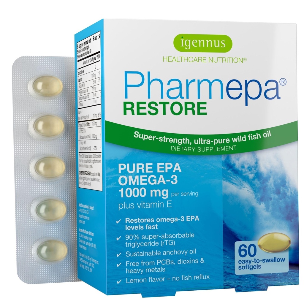 Igennus Pharmepa 恢复、纯EPA 1000mg、Omega 3 rTG 鱼油、IFOS认证、高吸收率、90%浓度三重强度、野性和可持续性、柠檬火焰、1-月供应、60软胶