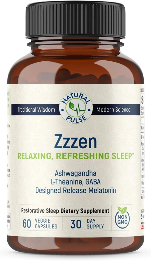 Zzzen),放松刷新睡眠,解脱压力和改进Mood,L-Theanine,Ashwagandha,GABA,Melatonin 与植物混合剂,NonGMO,睡眠援助和成人补充,60 Caps