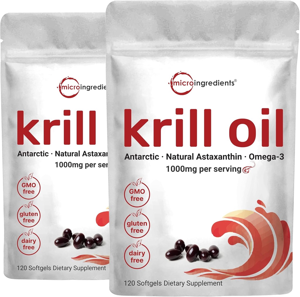 2 Pack Antario Krill Oil Supplies, 1000mg per service, 120 Soft-Gels each, 富含Omega-3s, EPA, DHA & Astaxanthin, 支持脑健康, Premium Krill Oil Capsules 液态软胶