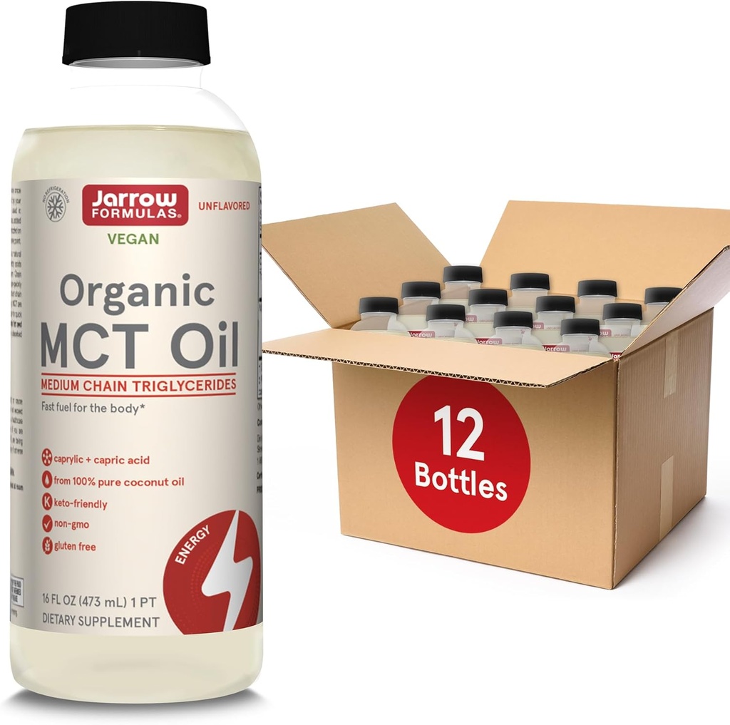 Jarrow Formules 有机MCT Oil - 16 fl oz - 用于大脑和肌肉的快速燃料 - Caprylic(C8) + Capric Acid(C10) - Ketogenic Edition 友好补充 - 不受欢迎(12包)