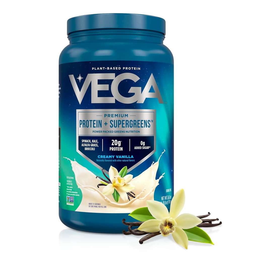 Vega Premium Protein + Supergreens - 20g 蛋白质,Creamy Vanilla, 25 services, Pinach, Kale, Alfalfa Grass, Broccoli, 0g 加糖, 非GMO, Gluten Free, Dairy Free, 1.68 lbs (Package May Vary) 维加蛋白质蛋白质+超绿色蛋白质蛋白质, Creamy Vanilla, 25 services, Spinach, Kale, Alfalfa Grass, Broccoli, 0g 添加糖, 非GMO, Gluten Free, 乳品, 1.68 lbs (Packing May Vary)
