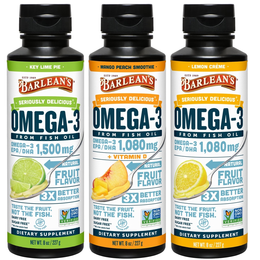 Barlean的Omega 3 鱼类油液补充剂 3 - Flavor Variey Pack for Men and Women, EPA 和 DHA 脂肪酸,包括 Key Lime Pie, Lemon Crème 和Mango Peach Flavors, 8 oz