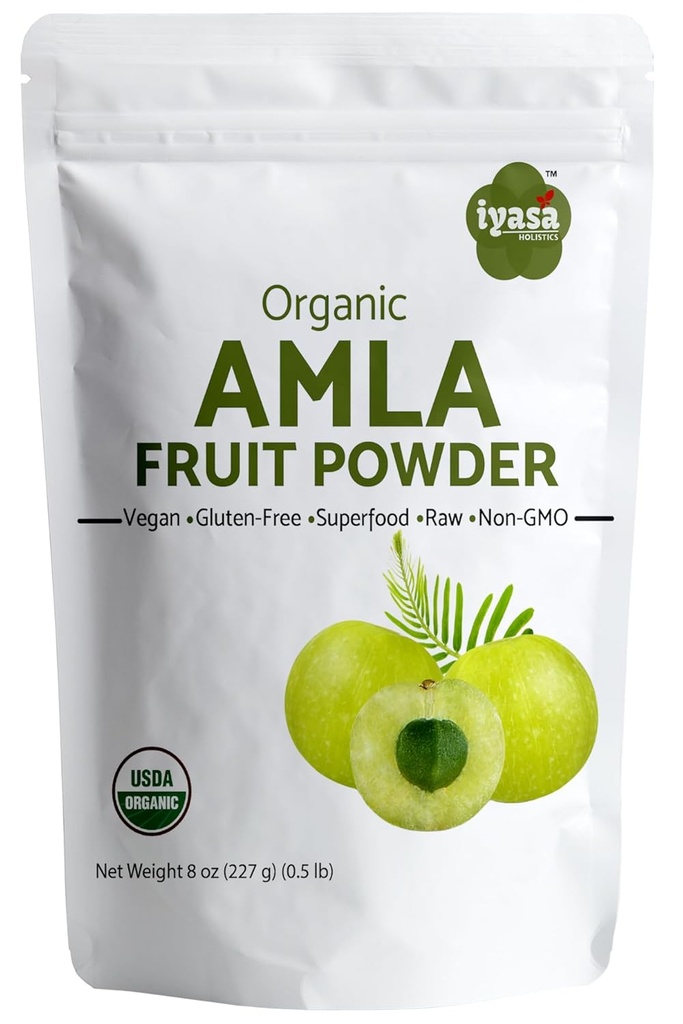 Iyasa Hollics 有机阿姆拉果粉 Amalaki Berry Powder, 8盎司/226 gm, Raw Superfood for Skin and Hair, Resealable 邮袋