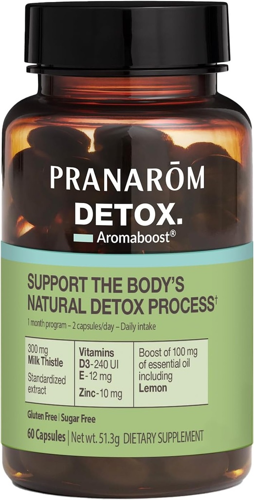 Pranarom - Aromaboost Detox 草药补充剂 - 消除毒素和排水 体 - 牛奶 硝酸盐和锌 - 维生素 D3和E - 柠檬 基本油 - 60 Counter