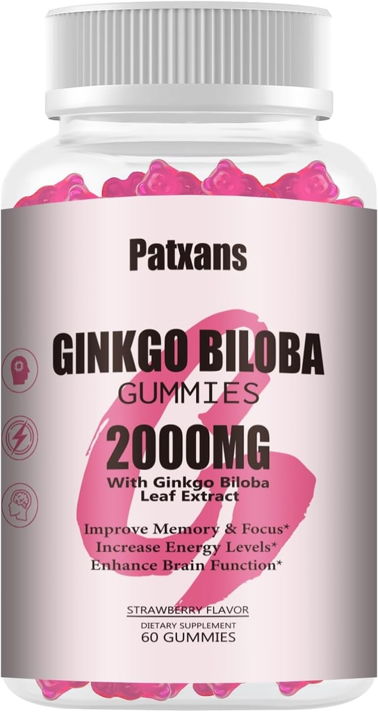 1 Pack 2000mg Ginkgo Biloba Gummys - Ginkgo Biloba 脑健康支助、改善木气和焦点、能源、成人、草莓火焰60个补充物