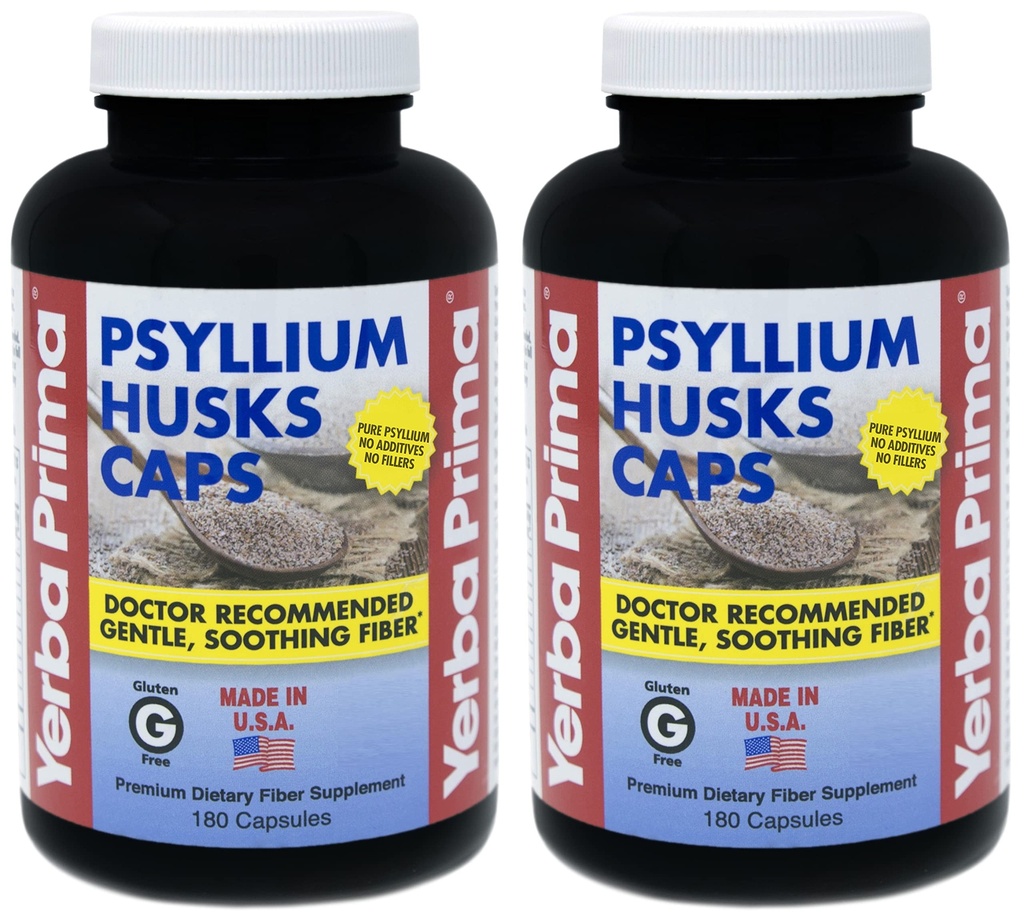 Yerba Prima Psyllium Husk Caps - 180 Capsules (Pack of 2) - 容易吞咽纤维补充 - Colon Cleanse - Gut Health - 非GMO Gluten Free (英语).