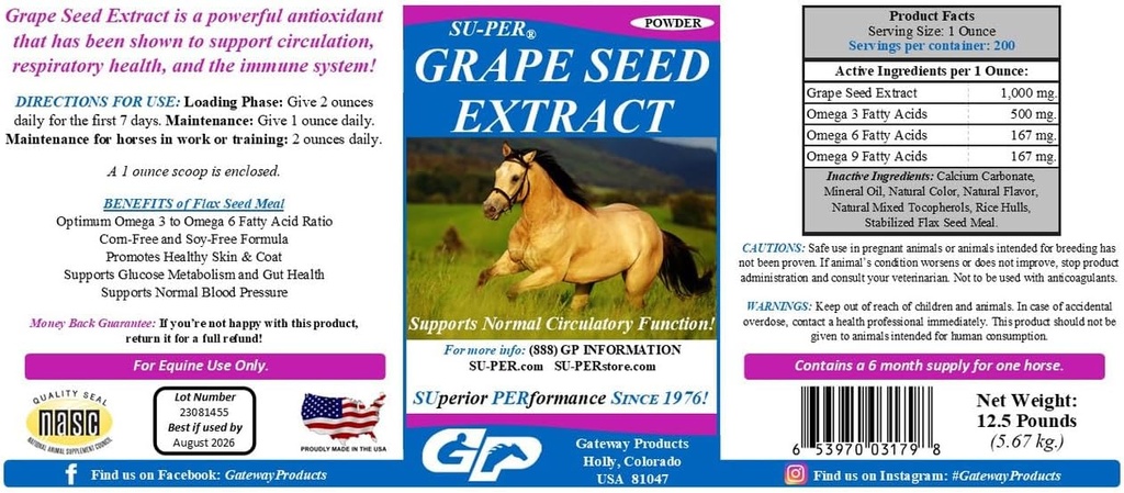 SU-PER 葡萄种子提取马的抗氧化剂 - 性能马的Equine抗氧化剂补充剂 - 支持循环呼吸卫生和免疫系统 - 12.5英镑,6个月供应量