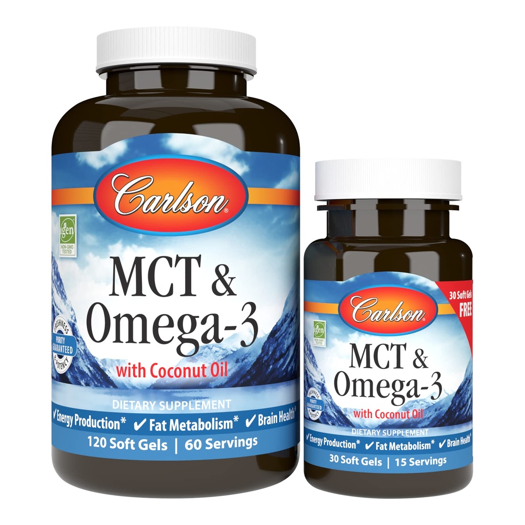 Carlson - MCT & Omega-3, 椰油, Caprylic & Capric Acids, EPA & DHA, 能源生产,脂肪代谢和脑健康, 120+30 软胶