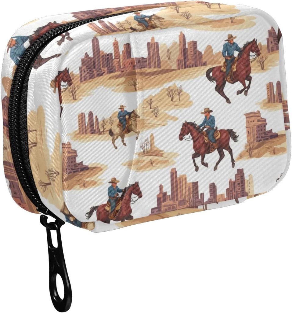 Fustylead Western Cowboy Riding Horse and Building Pill Organizer for Purse, Weekly Portable Pill Box with Zipper to Storage Vitamins Fish Oils Medications Supplements