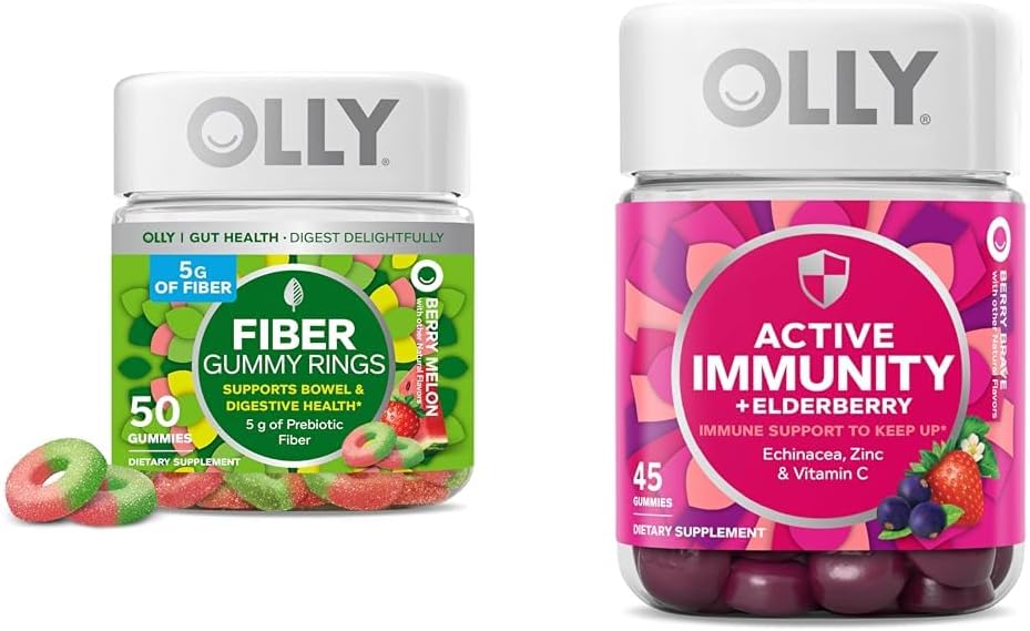 OLLY Fiber Gummy Rings 50cmt和主动豁免+Elderberry Gummys 45cmt Berry Flavors 消化和免疫支持