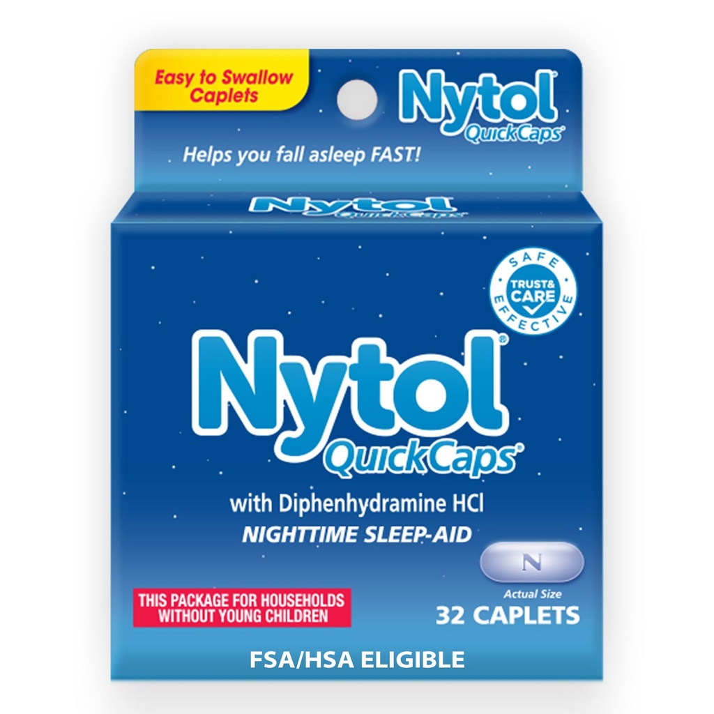 Nytol Quick Caps Nighttime Sleep Aid with Diphenhydolamine HCI, Easy-to-Swallow Caplets to Fall Asleep Fast, 32 Counts 双酚胺HCI, 易向燕子卡普莱特快速坠落 Asleep Fast, 32 Counts