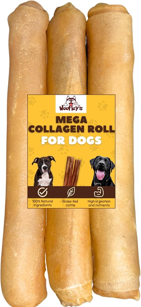 Woofley的外薄Colagen卷(10-12英寸 - 3 PCS) - Chews for Dogs - Bully Stick Rawhide替代狗 CHEWs No hide Bones for Mid & Lige Dogs (中和大型狗类)