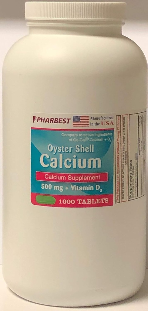 牡蛎壳钙 500 mg + 维生素D 补充剂 - 1 000 平板电脑