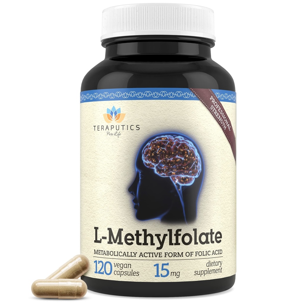 L-Methylfolate Teraputics L-Methylfolate 15 mg 120 Vegan Capsules + Premium 5-MTHF 活性甲基Folate 甲基化-非GMO 无Gluten型,无填充器-叶酸脑支持