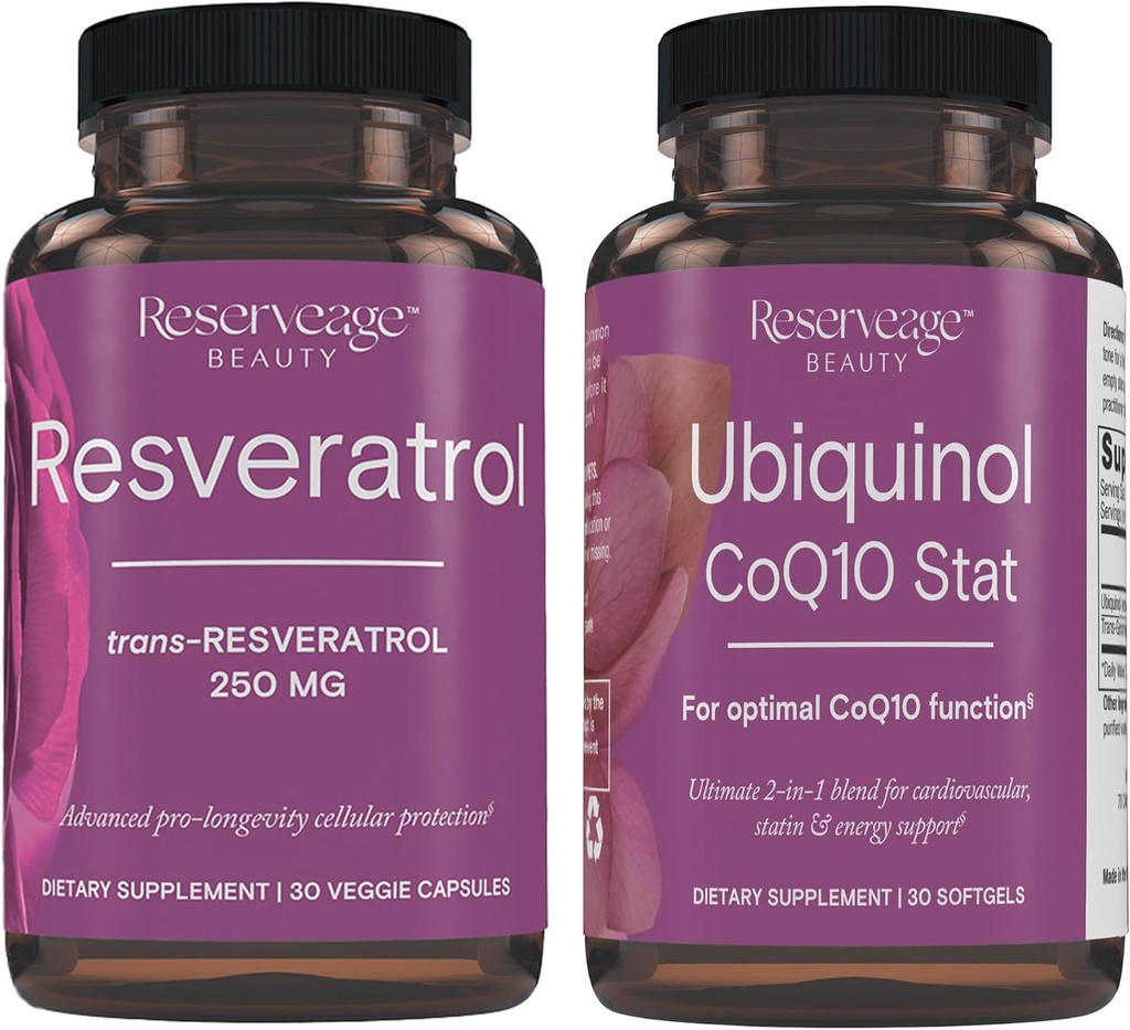 储量美,Resveratrol 250毫克,心脏和细胞健康抗氧化剂补充剂 30 Caps & Ubiquinol CoQ10 Stat - 支持心血管系统,能量水平和细胞健康 - 30