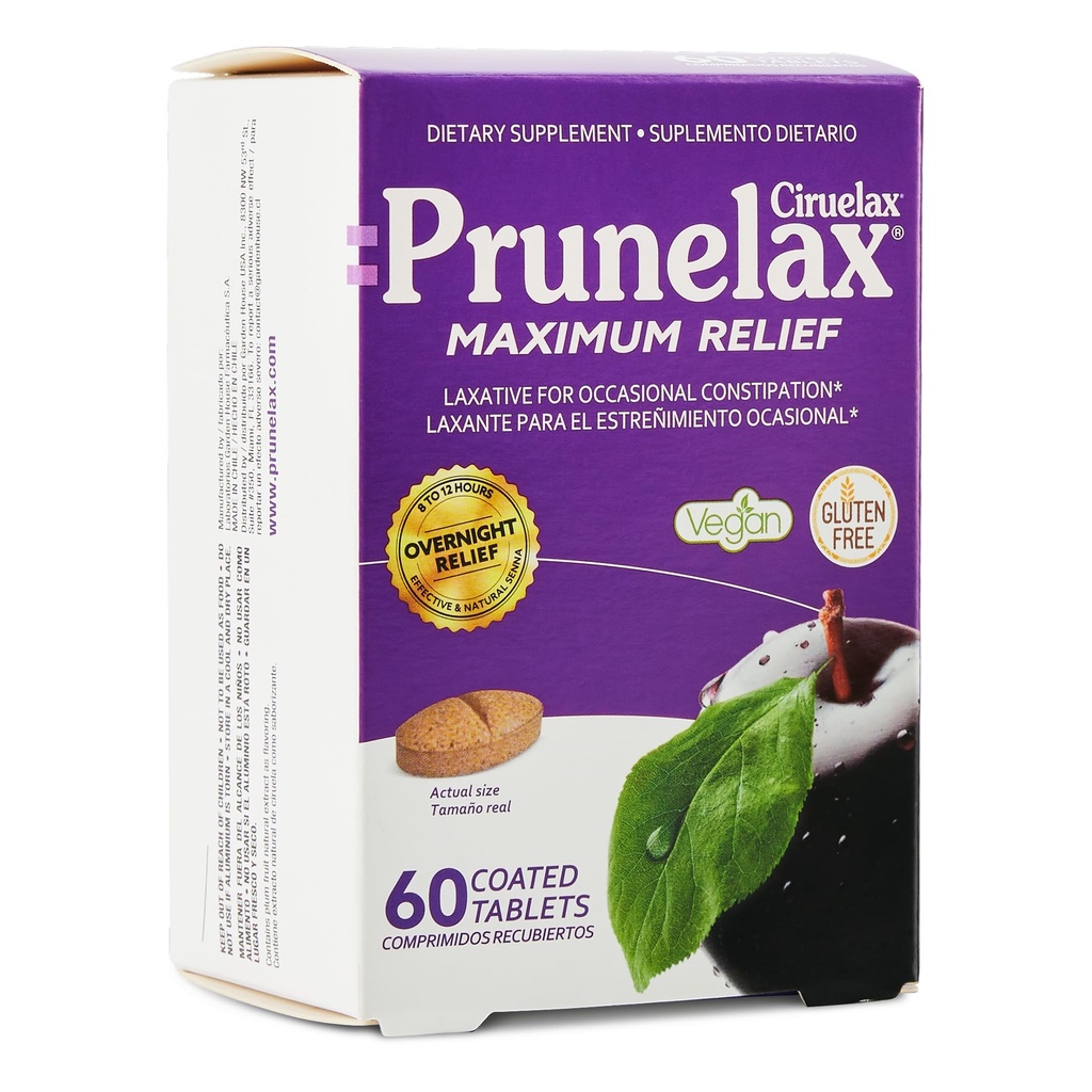 Prunelax Ciruelax 最大减量泻药片,配有 " 偶尔便秘 " 、 " Senna 抽取 " 、 " Vegan & Gluten-Free " 、 " 夜间温和 " ----60厘米